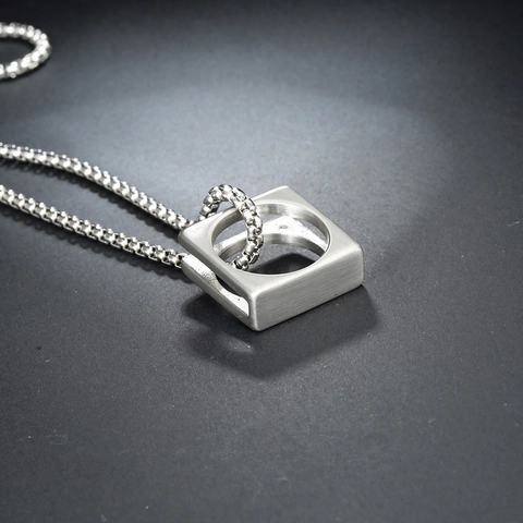 Square Geometric Pendant Necklace Stainless Steel Box Chain Brushed Finish Hip Hop Minimalist Style For Men Women