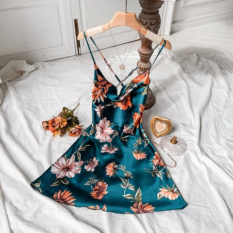 Floral Print Satin Nachthemd Spaghettiträger V-Ausschnitt Rückenfrei Imitation Satin Schlafanzug Für Damen