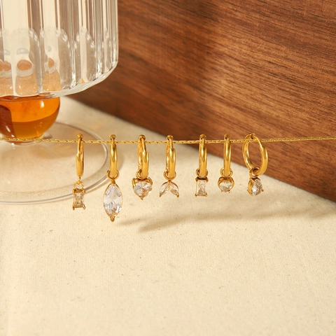 Heart Zircon Huggie Hoop Earrings Gold Plated Stainless Steel French Retro Elegant Geometric Dangle Ear Jewelry For Women