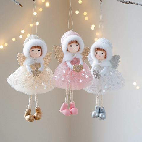 Ciondolo Peluche Angelo di Natale Ali in Rete con Paillettes Bambola in Tessuto Morbido Decorazione per Albero di Natale