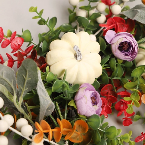 Artificial Wreath Autumn Fall Decoration White Pumpkins Purple Flowers Eucalyptus Leaves Berries Natural Vine Base Front Door