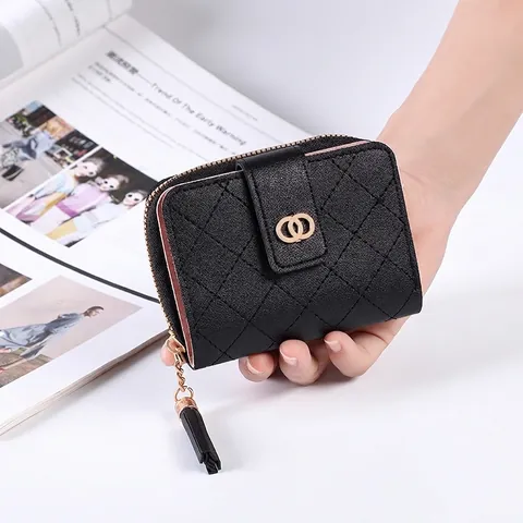 Women Short Wallet Quilted PU Leather Solid Color Card Holder With Tassel Zipper And Double Ring Buckle Fashion