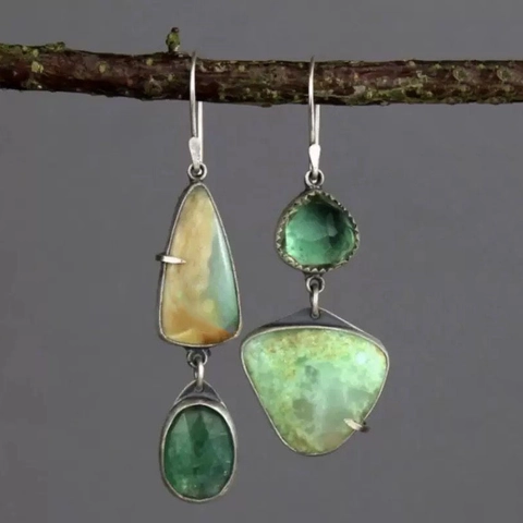 Boucles Oreilles Pendantes Asymétriques Alliage Vintage Avec Pierre Et Künstliche Perle Style Bohème Géométrique Fait Main Bijoux