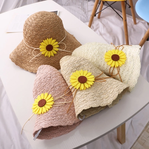 Women Girls Straw Sun Hat Foldable Sunflower Decorated Wide Brim Beach Hat Hand Woven Sunshade Pastoral Style Summer Cap