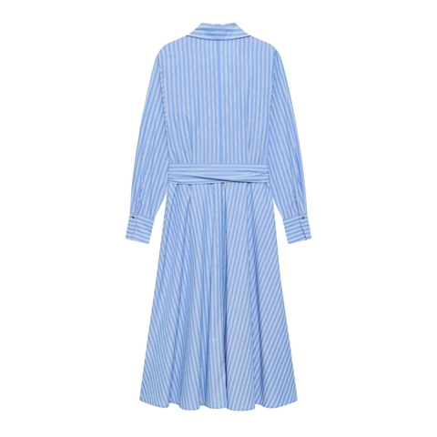 Vestido Camisero De Rayas Para Mujer Manga Larga Poliéster Solapa Lazo Cintura Botones Dorados Rayas Verticales