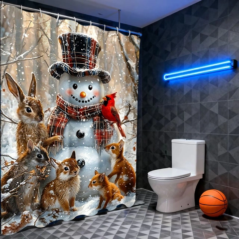 Kerst Douchegordijn Waterdicht Polyester Sneeuwpop Bosdieren Badkamer Decoratie Met Kunststof Haken