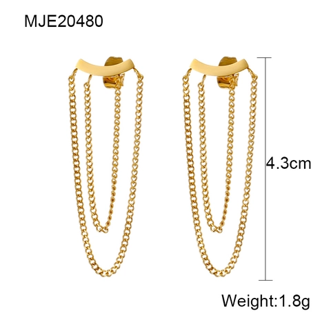 Stainless Steel Tassel Chain Drop Earrings For Women 18K Gold Plated Double Layer Geometric Arc Bar Hip Hop Jewelry