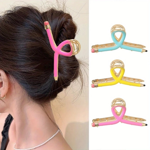 Creative Pencil Shape Hair Claw Clip Metal Alloy Colorful Paint Back To School Teacher Gift Cute Accessories For Women
