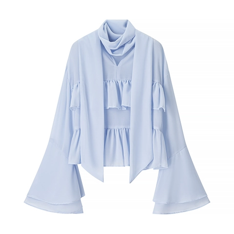 Women Chiffon Blouse Tiered Ruffles Flare Sleeve High Neck Solid Color Elegant Sweet Spring Fashion Top