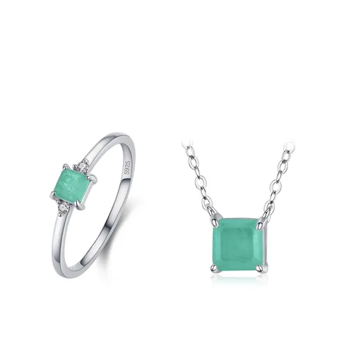 925 Sterling Silber Schmuck Frauen Quadratische Grüne Zirkonia Geometrische Anhänger Halskette Und Ring Luxus Schlichter Stil