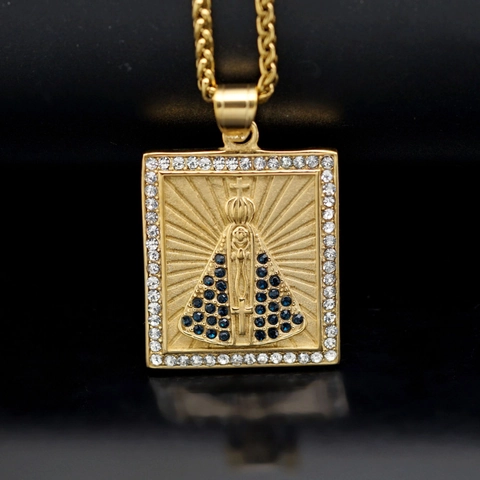 Collar Con Colgante Religioso De La Virgen María Cuadrado Acero Inoxidable 316 Hip Hop Moda Piedra Azul Joyería Circón