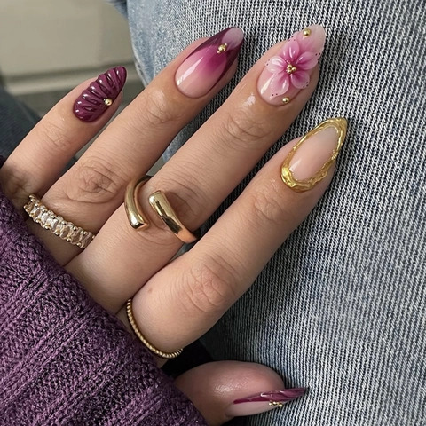 Press On Nails 3D Embossed Flower French Tip Gradient Purple Pink Artificial Fake Fingernails For Women Elegant Manicure