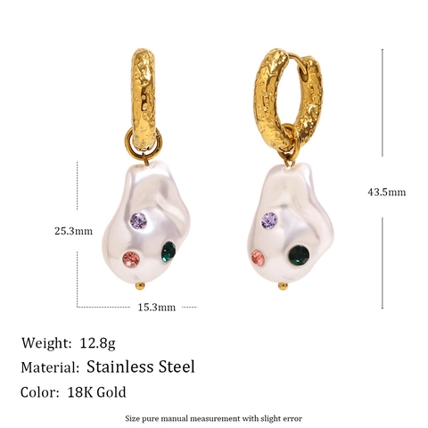 Baroque Imitation Artificial Pearl Hoop Earrings Stainless Steel 18K Gold Plated Retro Geometric Colorful Rhinestone Drop For Women
