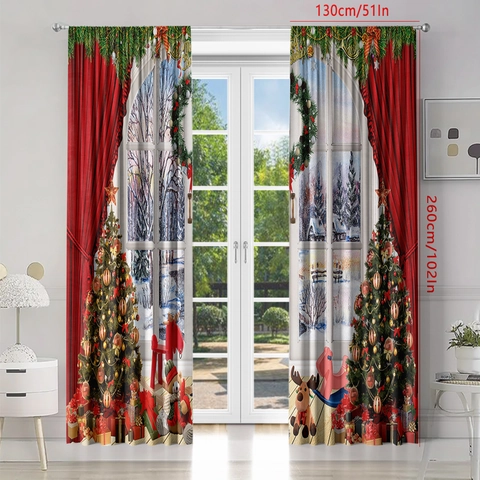 Christmas Window Curtains Polyester Digital Print Santa Claus Snowman Reindeer Snow Scene Blackout Festive Home Decor