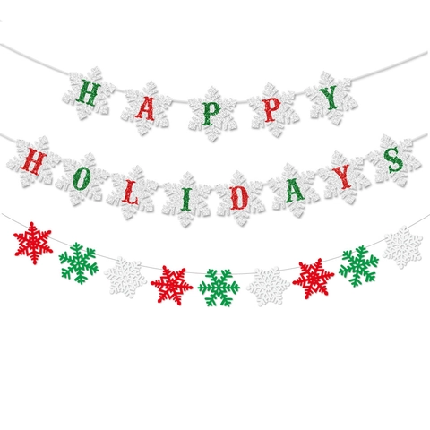 Christmas Snowflake Banner Glitter Paper Happy Holidays Garland Winter Party Hanging Decoration Festive Home Decor