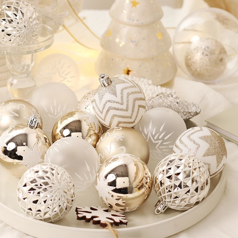 Kerstballen Plastic Onbreekbaar Boomdecoratie Champagne Goud Wit Glitter Patroon Feestje Huis Decoratie