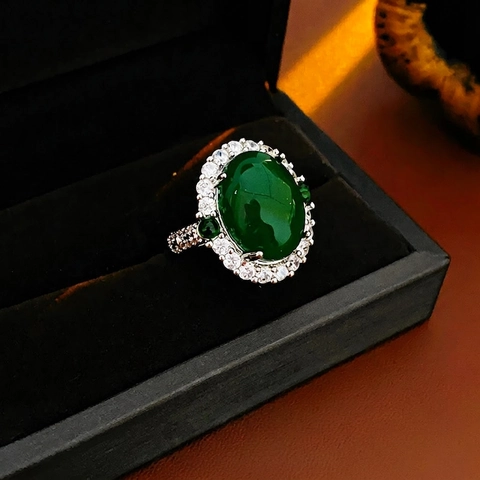 Vintage Oval Green Agate Open Ring Copper With White Zircon French Luxury Adjustable Finger Jewelry For Women