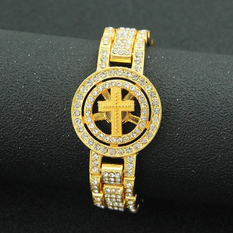 Pulsera de Cadena de Reloj con Cruz Iced Out Hip Hop para Hombre Oro Plata Aleación Strass Joyería de Moda de Fiesta