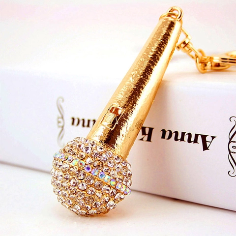 Kreatives Mikrofon Schlüsselanhänger Zinklegierung Mic Anhänger Mit Strass Glitzernde Auto Schlüsselring Taschenzubehör Musik Geschenk