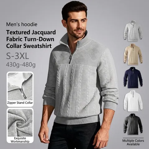 Sudadera Para Hombre Con Media Cremallera Cuello Alzado Punto Texturizado Jacquard Pullover Estilo Casual