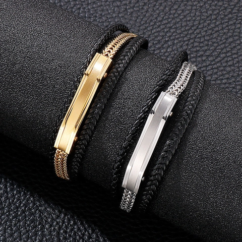Men Multi-layer Braided Leather Bracelet Stainless Steel Chain Magnetic Clasp Punk Industrial Fashion Jewelry Gift