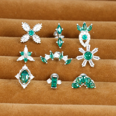 Stainless Steel Green Rhinestone Daisy Flower Cartilage Stud Earrings Trendy Helix Piercing Jewelry For Women Silver Tone