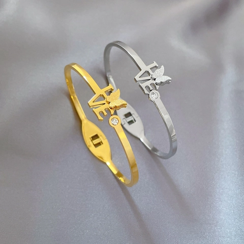 Schmetterling Love Buchstabe Armreif Titan Edelstahl Zirkon Minimalist Vintage Manschette Armband Schmuck Für Frauen