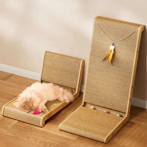 L-Shaped Cat Scratcher Board High Density Corrugated Paper Vertical Standing Furniture Protector Interactive Toy Feather