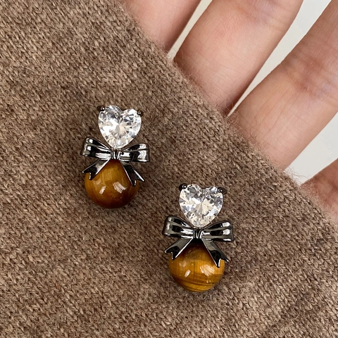 Vintage Heart Zircon Bow Tiger Eye Stud Earrings With 925 Sterling Silver Earring Post Retro Maillard Style Women