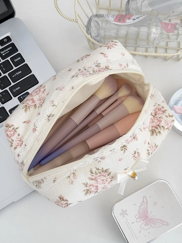 Bolsa De Maquillaje De Algodón Floral Gran Capacidad Neceser Portátil Con Encaje Lazo Perla Artificial Colgante Estilo Pastoral