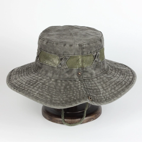 Men Outdoor Bucket Hat Washed Cotton Canvas Wide Brim Sun Protection Breathable Mesh Retro Boonie Hat With Adjustable Drawstring