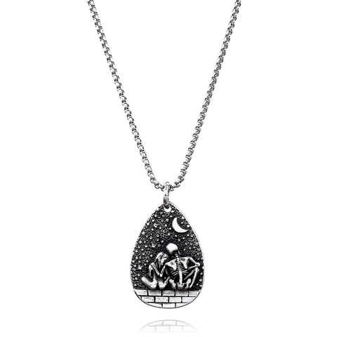 Gothic Skeleton Lovers Pendant Necklace Stainless Steel Teardrop Moon Star Antique Silver Retro Punk Jewelry Men Women