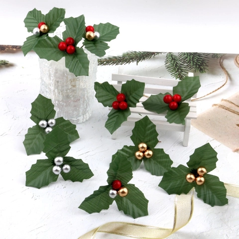 Picos De Acebo Artificial Hojas Bayas Decorativos Árbol De Navidad Corona Guirnalda DIY Material Manualidades Plástico Tela