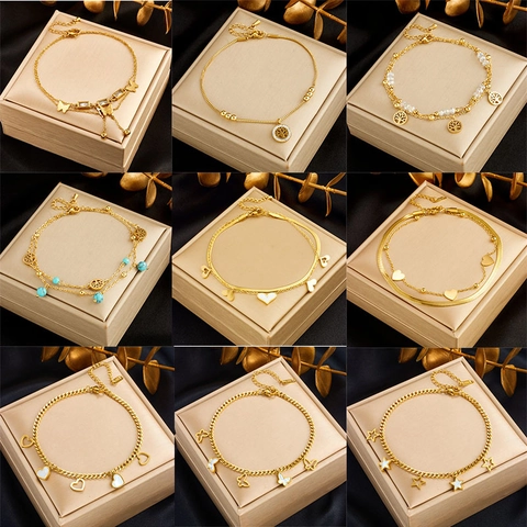 Stainless Steel Layered Anklet For Women Heart Butterfly Tree Of Life Pendants Mother Of Artificial Pearl Turquoise Jewelry