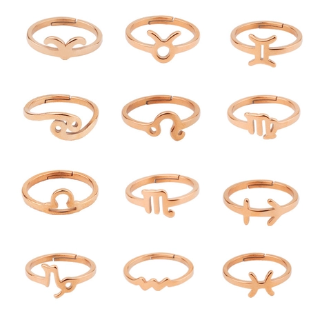 Anillo Signo Del Zodiaco Acero Inoxidable 304 Chapado En Oro Rosa 18k Ajustable Minimalista Joyería Horóscopo Mujer Hombre