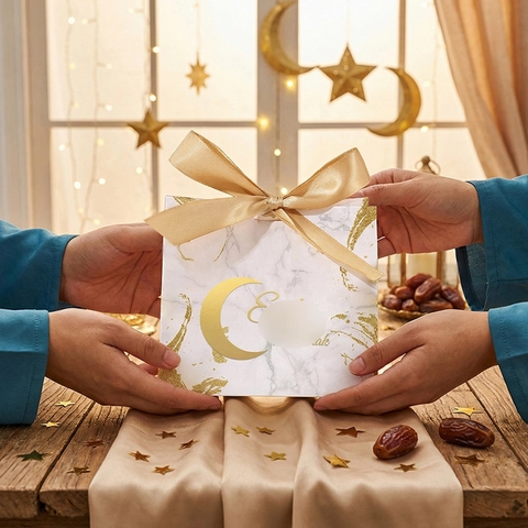 Eid Mubarak Gift Boxes Marble Gold Bronzing Mosque Pattern Candy Box With Satin Ribbon Ramadan Party Favor Packaging