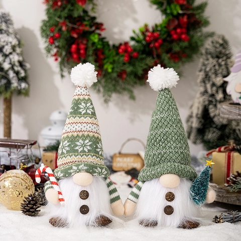 Christmas Gnome Decorations LED Lighted Plush Doll Knitted Hat Candy Cane Mini Tree Tabletop Holiday Home Ornament