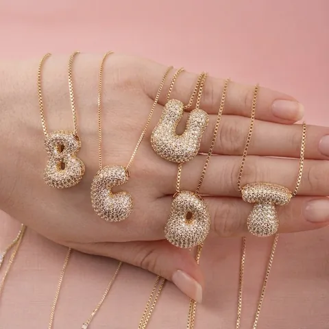 Collana Con Ciondolo Lettera Bolla Rame Zirconia Cubica Incastonata 3D Alfabeto Gioielli Di Moda Per Donna Uomo