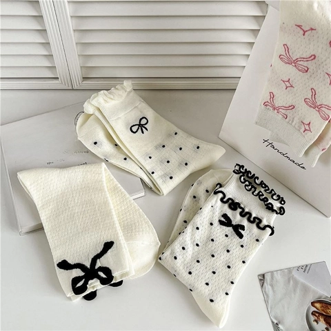 Women Crew Socks Cotton Blend Bow Knot Polka Dot Lettuce Edge Sweet Japanese Style Breathable