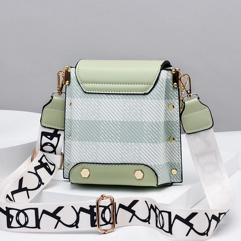 Women Crossbody PU Leather Small Square Flap Bag With Wide Letter Print Strap And Metal Chain Rivet Decor