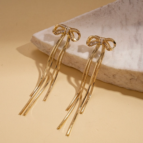 Bowknot Tassel Drop Earrings With 18K Gold Plated Copper Cubic Zirconia And Silver Earring Post For Women Vintage