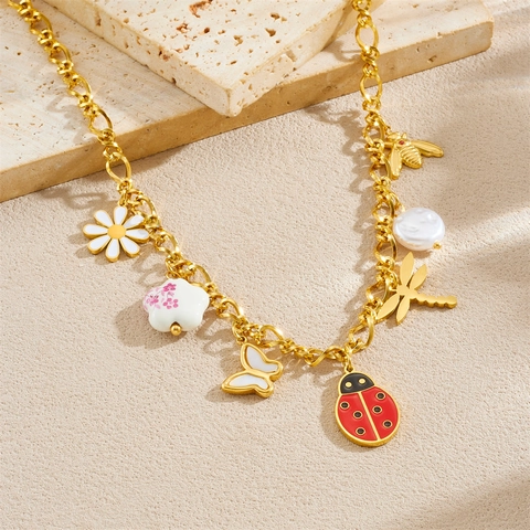 Stainless Steel Ladybug Bee Butterfly Flower Necklace Bracelet And Earrings Gold Plated Enamel Charms For Women Girls