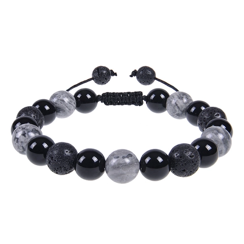 Natural Stone Beaded Bracelet Handmade Braided Adjustable Map Stone Lava Rock Obsidian Jewelry For Men