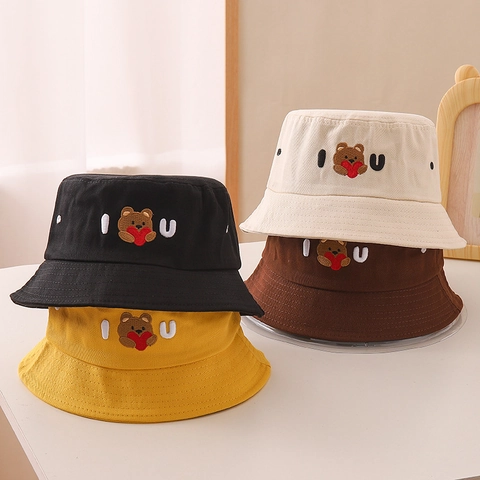 Childrens Cotton Bucket Hat Bear Embroidery Letter Sun Protection Casual Sun Hat With Chin Strap