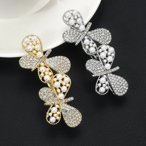 Fermaglio Per Capelli A Farfalla Lega Strass Imitazione Perla Artificial Becco D Anatra Barretta Moda Dolce Forcina Laterale Lucido