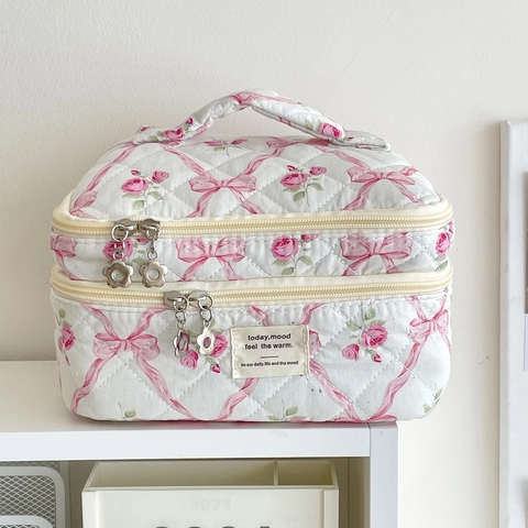 Quilted Cosmetic Bag Double Layer Large Capacity Floral Bow Pattern Travel Makeup Organizer Portable For Women