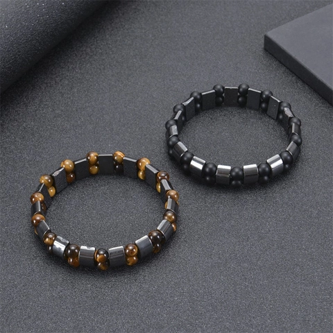 Natural Stone Beaded Bracelet Double Layer Matte Frosted Stone Tiger Eye Hematite Elastic Rope Unisex Fashion