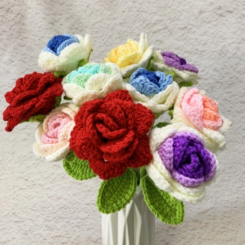 Handmade Crocheted Yarn Rose Sunflower Bouquet Everlasting Artificial Flowers Home Decoration Photography Gift