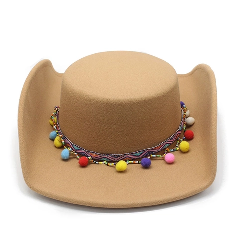 Ethnic Style Fedora Hat Polyester Felt Western Cowboy Hat Colorful Pom Poms Woven Band Bohemian Party Accessory Unisex