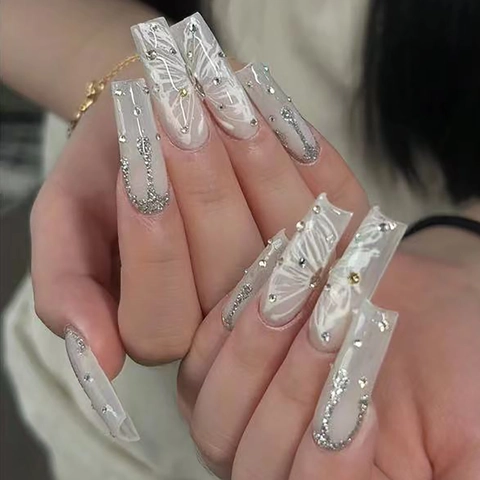 Long Coffin Press On Nails Butterfly Wing Pattern Silver Glitter Rhinestone Luxury French Style Artificial Finger Nails